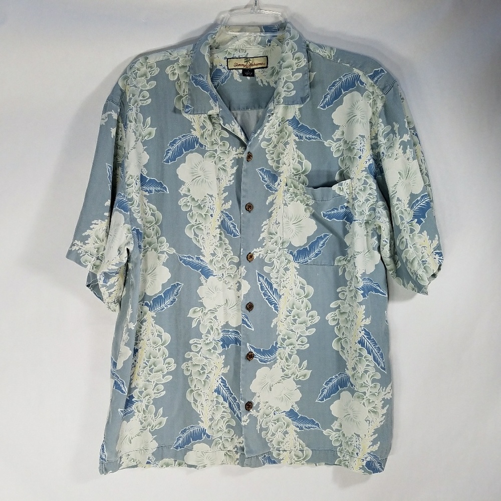 Tommy Bahama Hawai'i Aloha Shirt L Gray Silk EUC